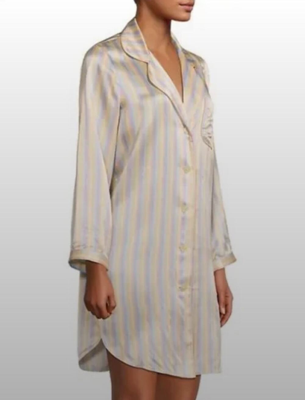 Morgan Lane Womens L Sherbert Striped Silk Jillian Button Up Night Shirt PJ's